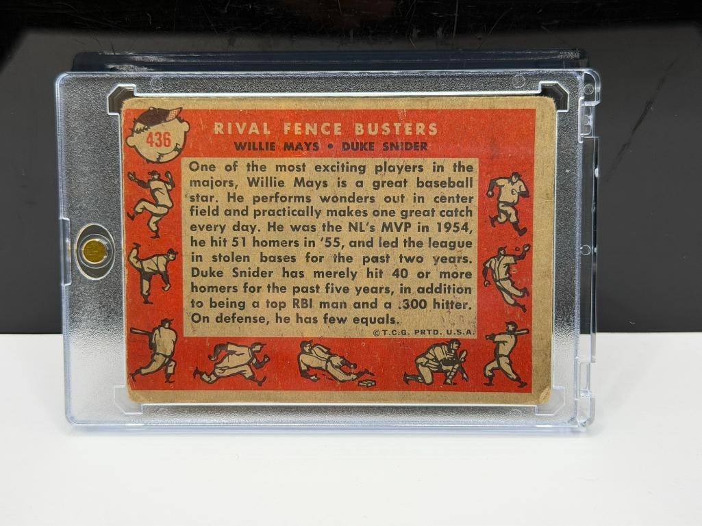 1958 TOPPS # 436 RIVAL FENCE BUSTERS WILLIE MAYS DUKE SNIDER BASEBALL CARD - 6