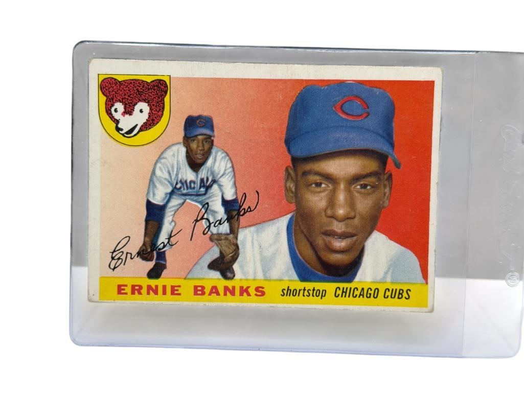 1955 TOPPS #28 ERNIE BANKS BASEBALL CARD: ERNEST BANKS, "MR. CUB," CHICAGO CUBS, RARE CARD, SEE PHOTOS FOR CONDITION, FROM THE ESTATE OF A LOCAL RENO, NV DOCTOR AT RENOWN WHO RAN BIG LEAGUE SPORTS MEDICINE BASEBALL CAMP FOR NEARLY 20 YEA