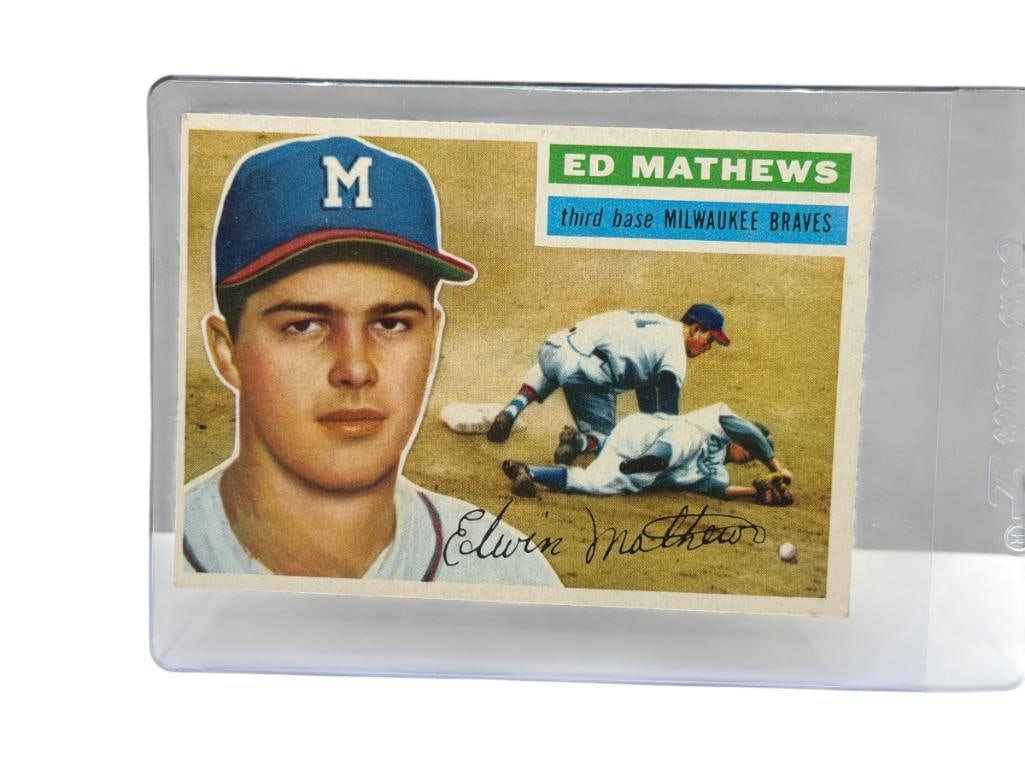 1956 TOPPS #107 ED MATHEWS BASEBALL CARD: EDWIN LEE MATHEWS JR., MILWAUKEE BRAVES, RARE CARD, SEE PHOTOS FOR CONDITION, FROM THE ESTATE OF A LOCAL RENO, NV DOCTOR AT RENOWN WHO RAN BIG LEAGUE SPORTS MEDICINE BASEBALL CAMP FOR NEARLY 20 Y
