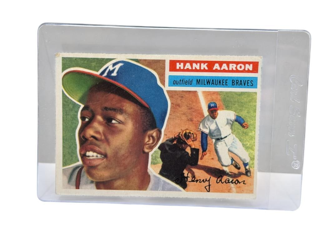 1956 TOPPS #31 HANK AARON BASEBALL CARD: HENRY LOUIS AARON, MILWAUKEE BRAVES, RARE CARD, SEE PHOTOS FOR CONDITION, FROM THE ESTATE OF A LOCAL RENO, NV DOCTOR AT RENOWN WHO RAN BIG LEAGUE SPORTS MEDICINE BASEBALL CAMP FOR NEARLY 20 YEARS