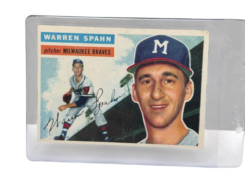1956 TOPPS #10 WARREN SPAHN BASEBALL CARD: WARREN EDWARD SPAHN, MILWAUKEE BRAVES, RARE CARD, SEE PHOTOS FOR CONDITION, FROM THE ESTATE OF A LOCAL RENO, NV DOCTOR AT RENOWN WHO RAN BIG LEAGUE SPORTS MEDICINE BASEBALL CAMP FOR NEARLY 20 YEA