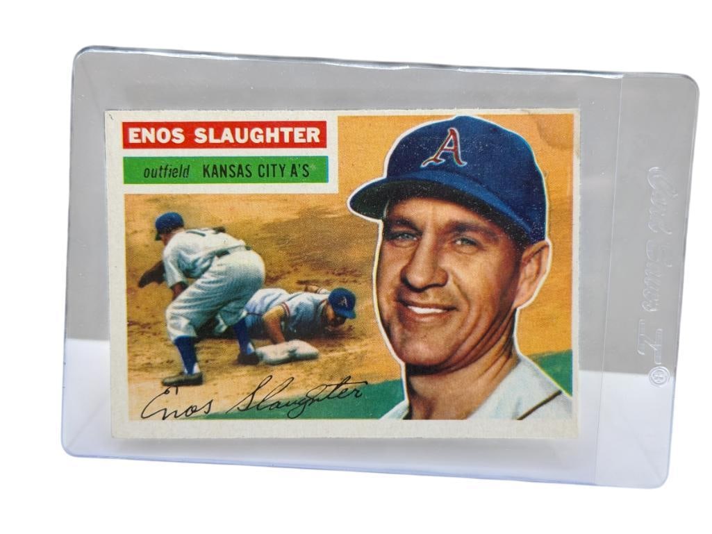 1956 TOPPS #109 ENOS SLAUGHTER BASEBALL CARD: ENOS BRADSHER SLAUGHTER, KANSAS CITY ATHLETICS, RARE CARD, SEE PHOTOS FOR CONDITION, FROM THE ESTATE OF A LOCAL RENO, NV DOCTOR AT RENOWN WHO RAN BIG LEAGUE SPORTS MEDICINE BASEBALL CAMP FOR NEAR