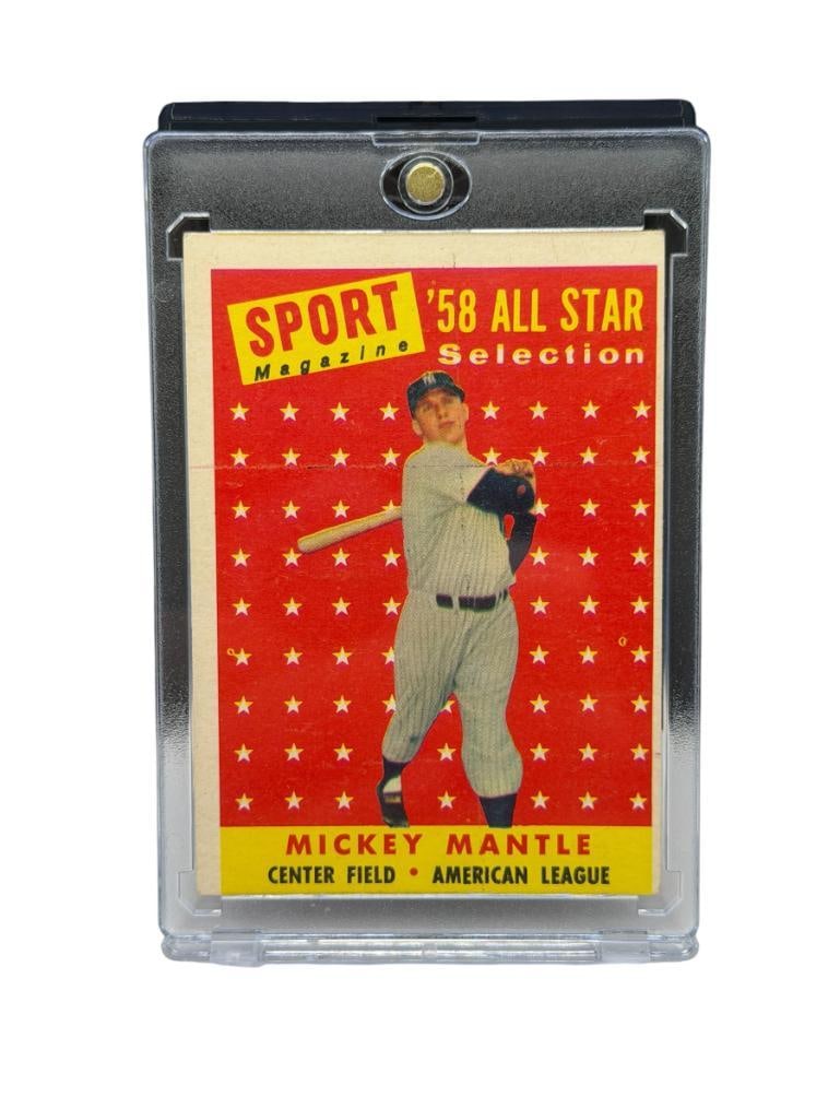 1958 TOPPS #487 MICKEY MANTLE '58 ALL STAR SELECTION BASEBALL CARD SPORT MAGAZINE: MICKEY MANTLE, AMERICAN LEAGUE, NEW YORK YANKEES, RARE CARD, SEE PHOTOS FOR CONDITION, FROM THE ESTATE OF A LOCAL RENO, NV DOCTOR AT RENOWN WHO RAN BIG LEAGUE SPORTS MEDICINE BASEBALL CAMP FOR NE