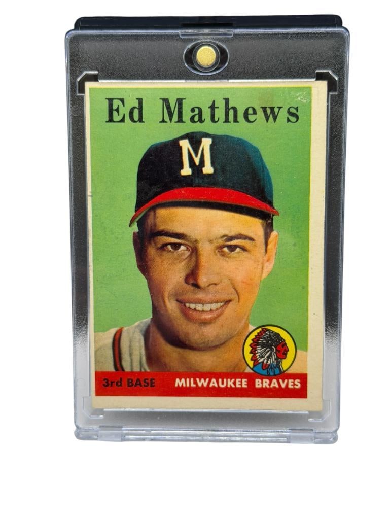 1958 TOPPS #440 ED MATHEWS BASEBALL CARD: ED MATHEWS, MILWAUKEE BRAVES, RARE CARD, SEE PHOTOS FOR CONDITION, FROM THE ESTATE OF A LOCAL RENO, NV DOCTOR AT RENOWN WHO RAN BIG LEAGUE SPORTS MEDICINE BASEBALL CAMP FOR NEARLY 20 YEARS, DOCTO