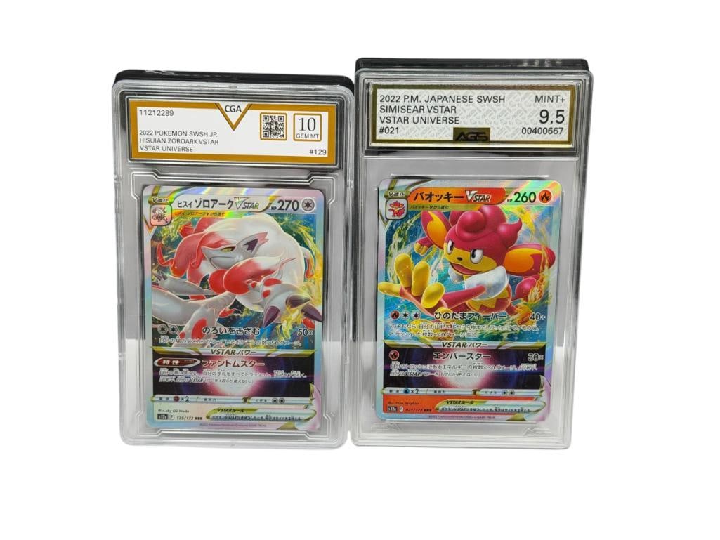 GRADED 2022 JAPANESE POKEMON SWISH JP. HISUIAN ZOROARK VSTAR UNIVERSE AND SIMISEAR VSTAR UNIVERSE: JAPANESE POKEMON #129 HISUIAN GRADED GEM MT 10 BY CGA AND JAPANESE POKEMON #021 SIMISEAR AGS GRADED MINT+ 9.5
