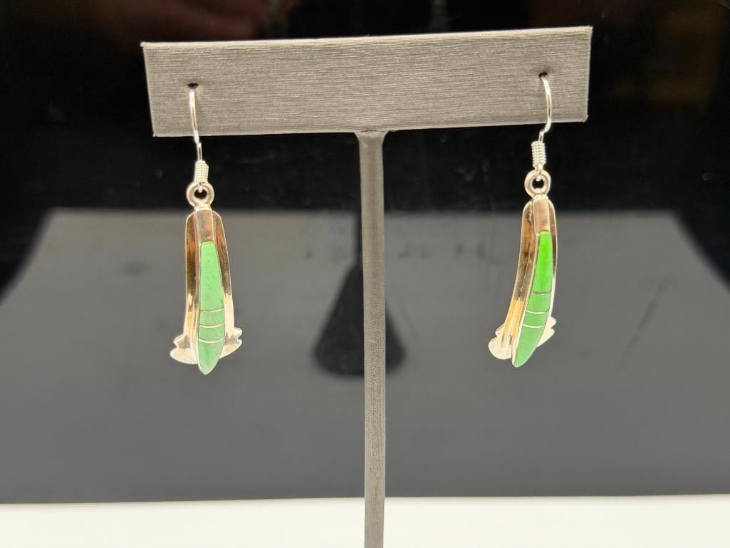 PAIR OF SIGNED STERLING SILVER NATIVE AMERICAN GASPEITE INLAY DANGLE EARRINGS - 2
