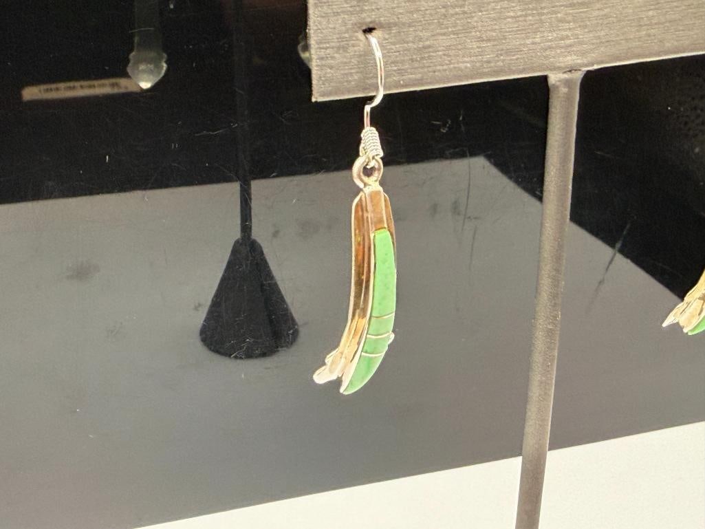 PAIR OF SIGNED STERLING SILVER NATIVE AMERICAN GASPEITE INLAY DANGLE EARRINGS - 3