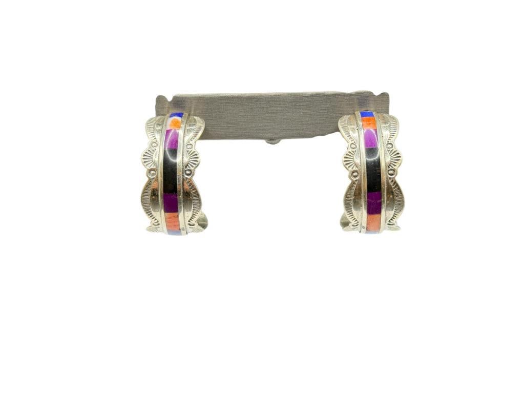 PAIR OF NATIVE AMERICAN SIGNED STERLING SILVER STONE INLAY SEMI-HOOP EARRINGS: INLAID WITH LAPIS, SPINY OYSTER, ONYX, AND MORE, SIGNED WITH ARTIST MARKS 1 1/4", 17.90 GRAMS