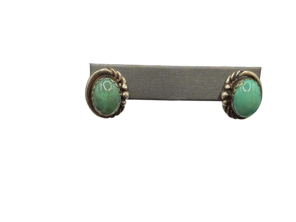 NATIVE AMERICAN STERLING SILVER GREEN TURQUOISE EARRINGS: 13/16", 8.28 GRAMS