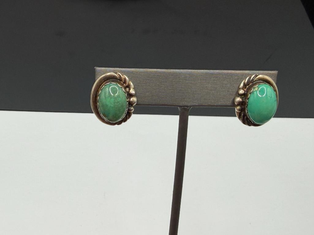 NATIVE AMERICAN STERLING SILVER GREEN TURQUOISE EARRINGS - 2