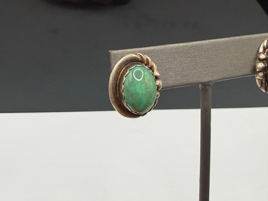 NATIVE AMERICAN STERLING SILVER GREEN TURQUOISE EARRINGS - 3