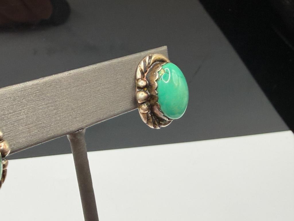 NATIVE AMERICAN STERLING SILVER GREEN TURQUOISE EARRINGS - 4