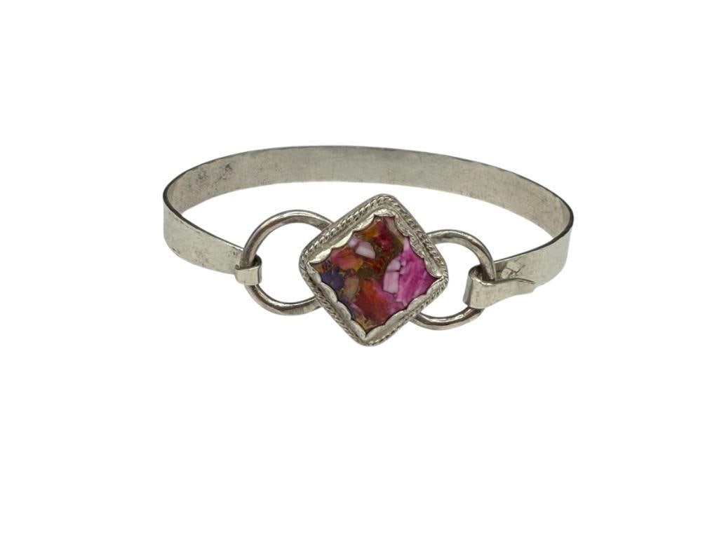 HANDMADE STERLING SILVER KINGMAN PINK DAHLIA COMPOSITE STONE BANGLE BRACELET: FEATURING HAMMERED DESIGN ON BRACELET, SQUARE SHAPED PINK DAHLIA IN CENTER 2 5/8" WRIST WIDTH, 7/8" STONE, 16.83 GRAMS
