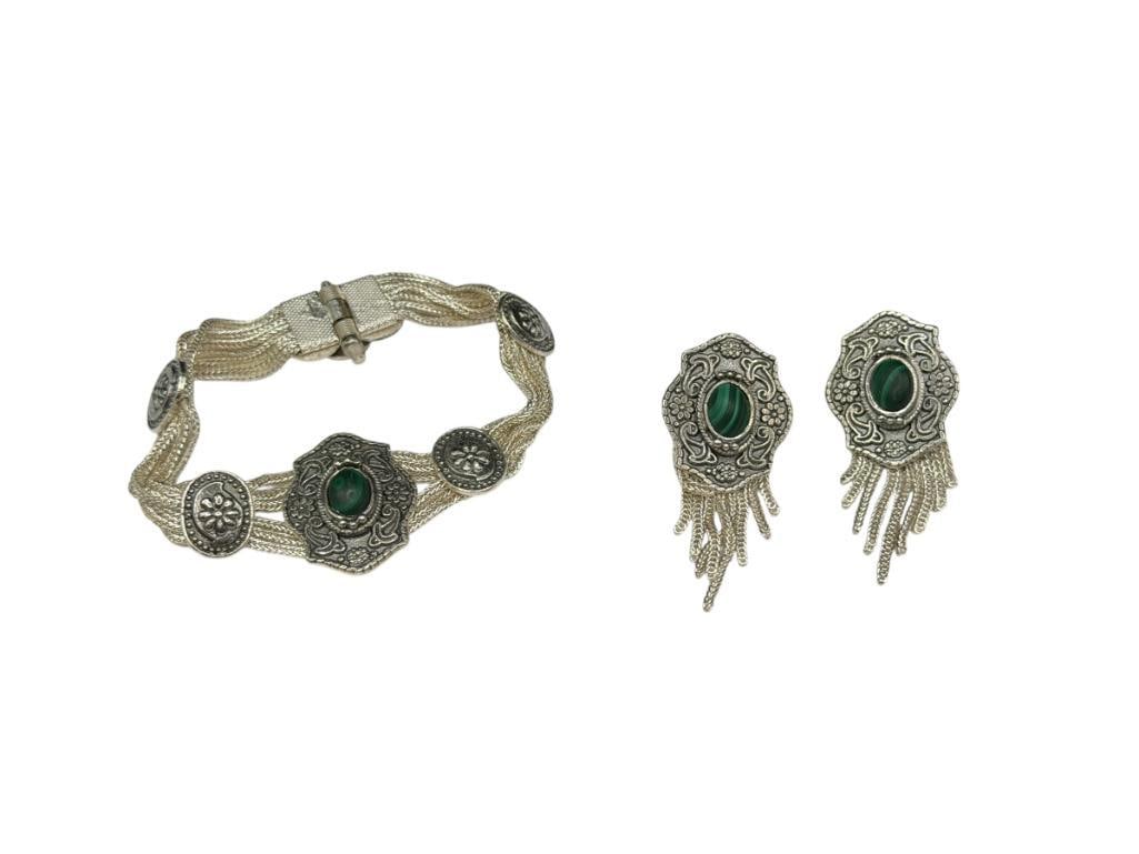STERLING SILVER MALACHITE BRACELET AND MATCHING POST EARRINGS (1 of 10)