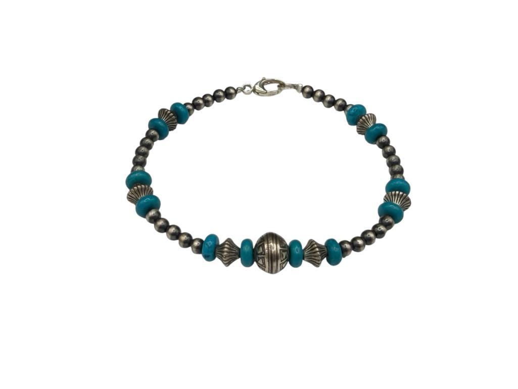 STERLING SILVER NAVAJO PEARL AND TURQUOISE HANDMADE BRACELET: FEATURING VARIOUS SHAPED BEADS 8 1/4", UP TO 3/8" BEADS, 7.45 GRAMS