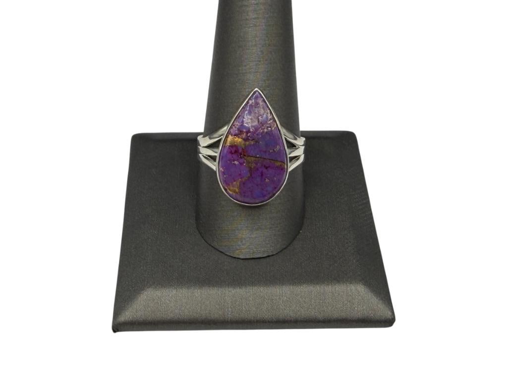 STERLING SILVER PURPLE COPPER STONE RING FEATURING TEAR DROP SHAPE: SIZE 10 1/4, 7/8" FRONT, 5.55 GRAMS
