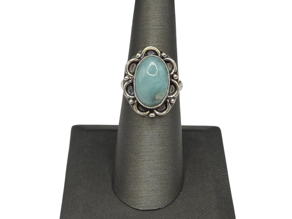 STERLING SILVER BLUE LARIMER RING FEATURING OVAL CABOCHON LARIMAR: SIZE 6 1/4, 13/16" FRONT, 4.76 GRAMS