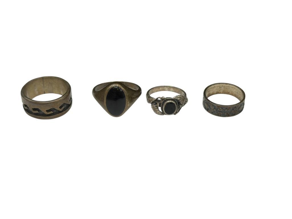 FOUR VINTAGE NATIVE AMERICAN STERLING SILVER RINGS INCLUDING TWO WITH ONYX (1 of 9)