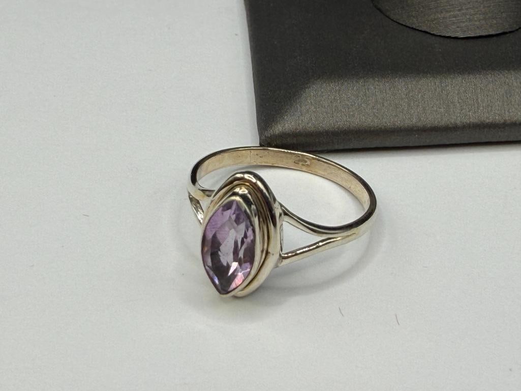 STERLING SILVER MARQUISE AMETHYST RING - 6