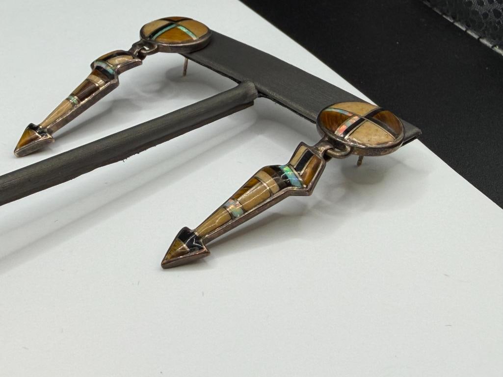 VINTAGE NAVAJO THOMAS NEZ ARTIST SIGNED STERLING SILVER INLAY LIGHTNING BOLT EARRINGS - 4