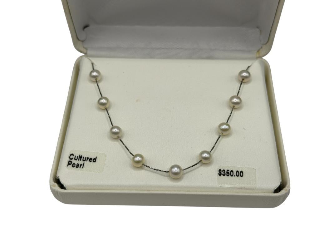 10K WHITE GOLD CULTURED PEARL NECKLACE: NEW WITH TAGS IN ORIGINAL BOX AND PRICE TAG OF $350.00 17", 6MM PEARLS, 6.78 GRAMS