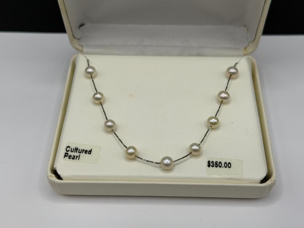 10K WHITE GOLD CULTURED PEARL NECKLACE - 2