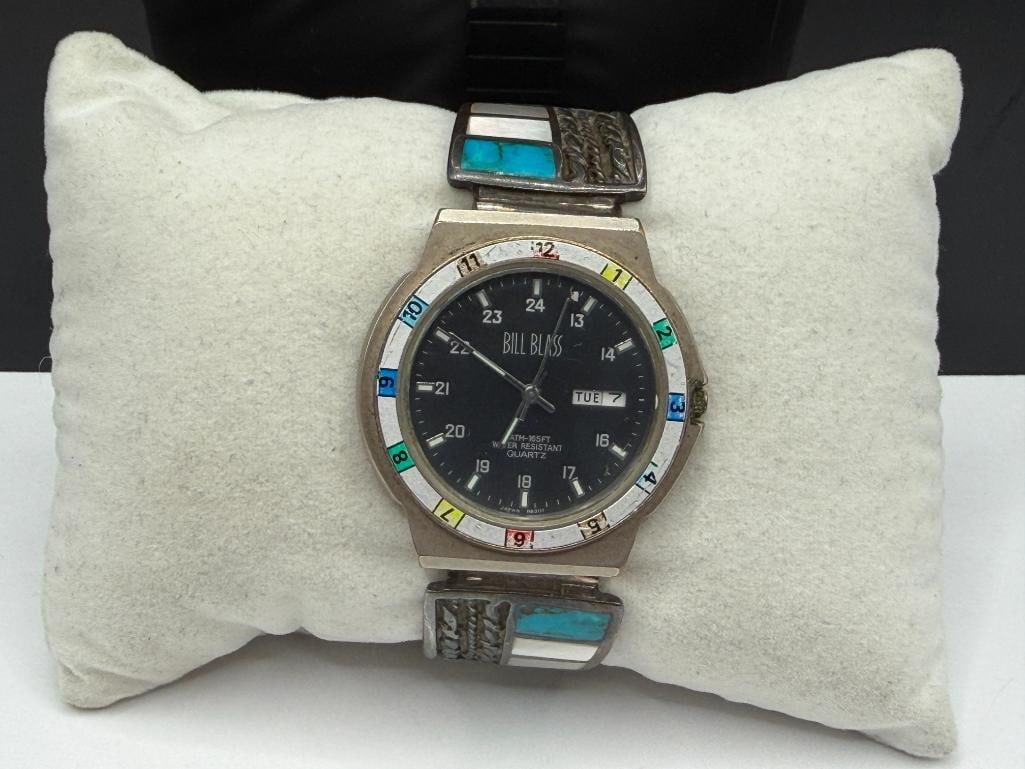 VINTAGE NATIVE AMERICAN STERLING SILVER INLAID TURQUOISE AND MOTHER OF PEARL WATCH TIPS BILL BLASS - 2