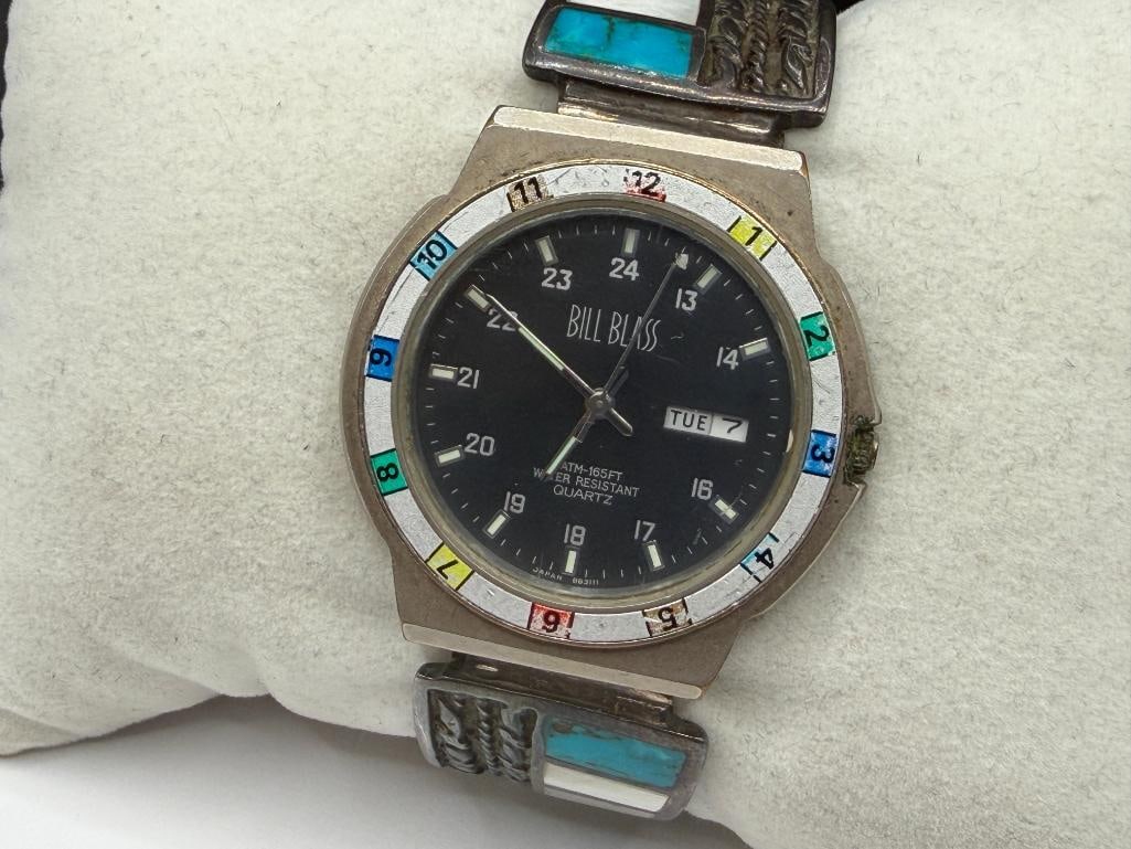 VINTAGE NATIVE AMERICAN STERLING SILVER INLAID TURQUOISE AND MOTHER OF PEARL WATCH TIPS BILL BLASS - 3