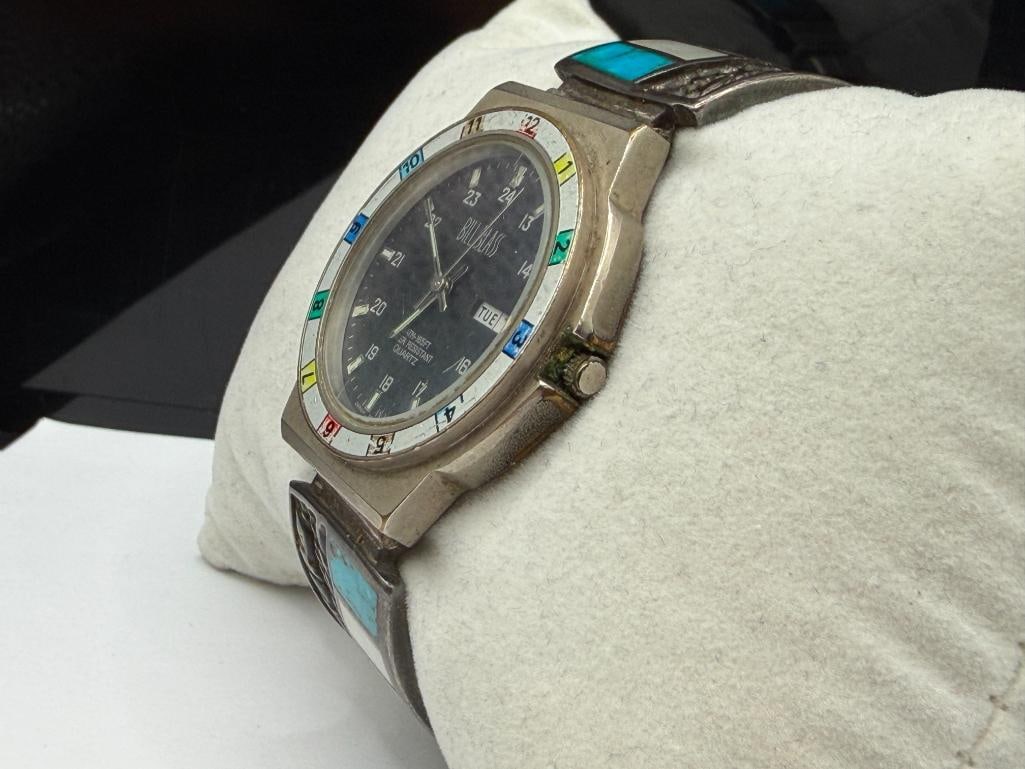 VINTAGE NATIVE AMERICAN STERLING SILVER INLAID TURQUOISE AND MOTHER OF PEARL WATCH TIPS BILL BLASS - 4