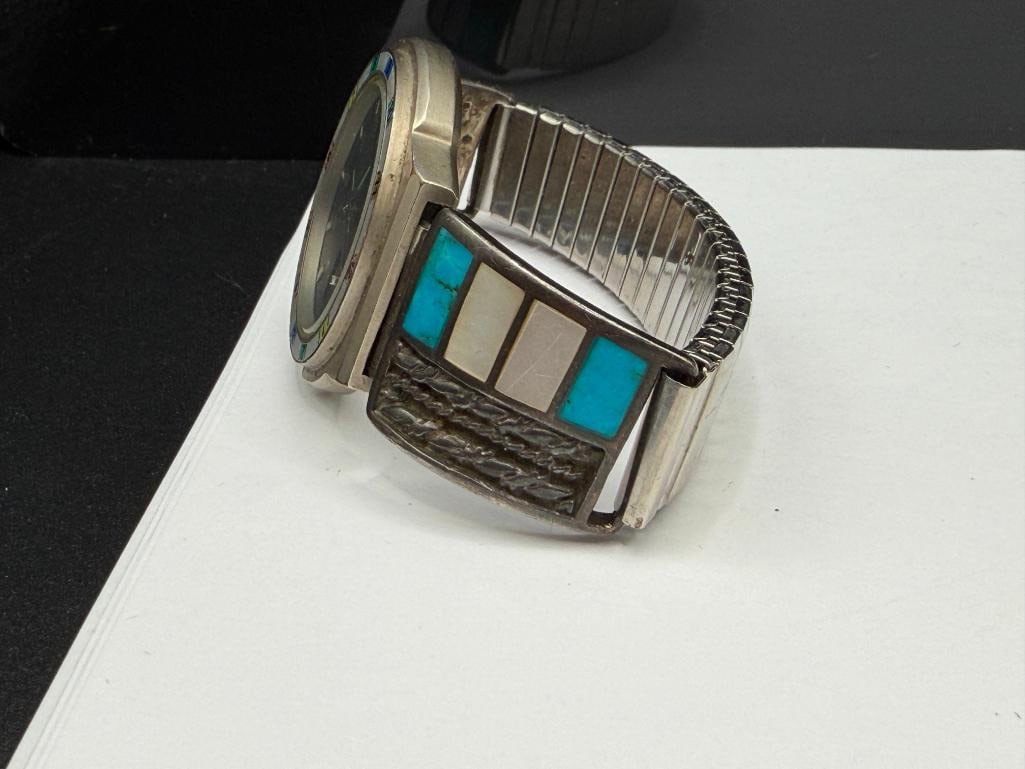 VINTAGE NATIVE AMERICAN STERLING SILVER INLAID TURQUOISE AND MOTHER OF PEARL WATCH TIPS BILL BLASS - 5