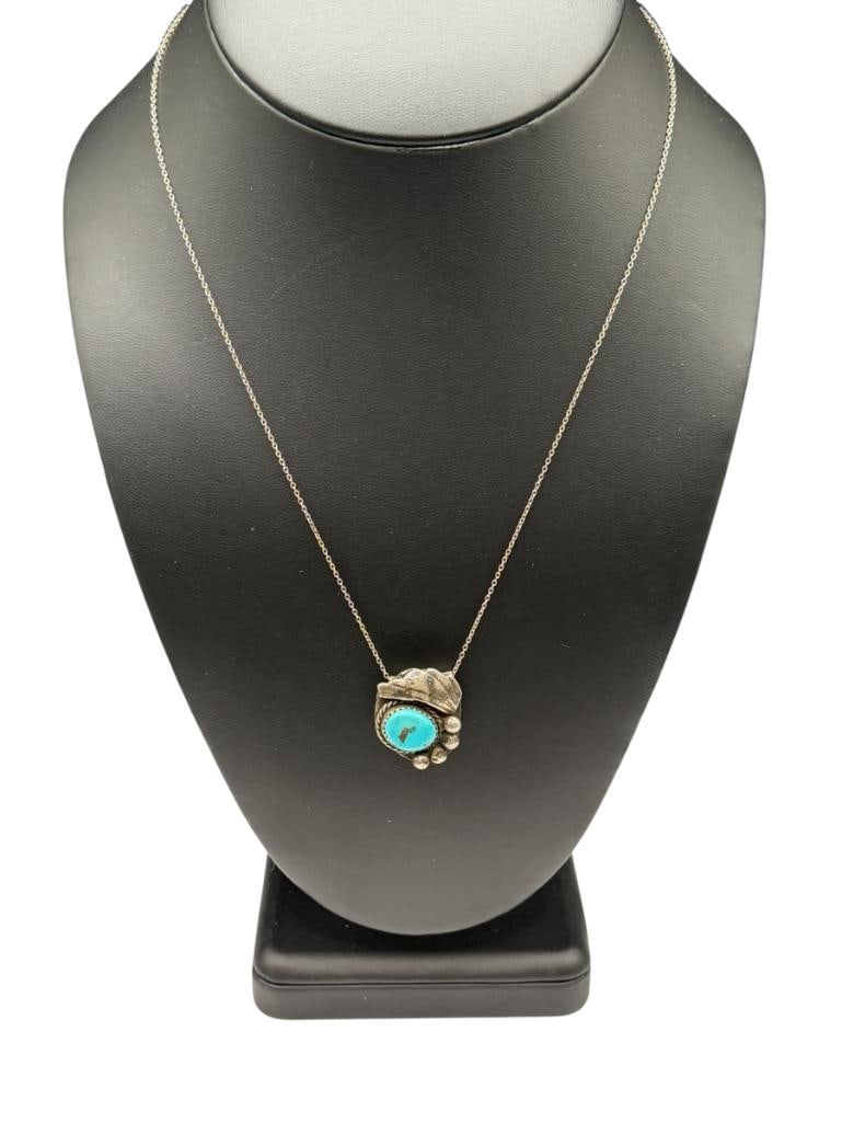 VINTAGE NAVAJO ARTIST SIGNED BENNETT STERLING SILVER TURQUOISE CLIP PENDANT NECKLACE: PENDANT FEATURES BEAD AND FIGURAL FEATHER ACCENT, STERLING SILVER CHIAN LINK NECKLACE 18" NECKLACE, 7/8" PENDANT, 6.26 GRAMS TOTAL