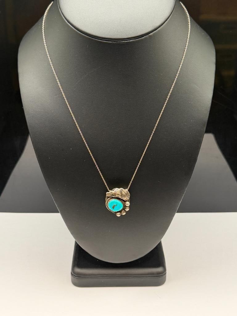 VINTAGE NAVAJO ARTIST SIGNED BENNETT STERLING SILVER TURQUOISE CLIP PENDANT NECKLACE - 2