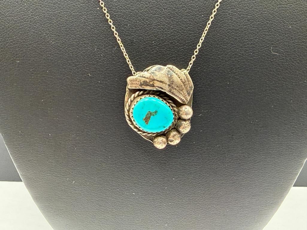 VINTAGE NAVAJO ARTIST SIGNED BENNETT STERLING SILVER TURQUOISE CLIP PENDANT NECKLACE - 3