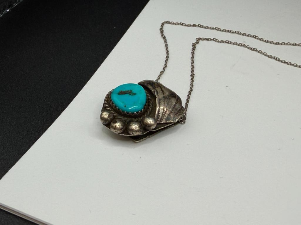 VINTAGE NAVAJO ARTIST SIGNED BENNETT STERLING SILVER TURQUOISE CLIP PENDANT NECKLACE - 4