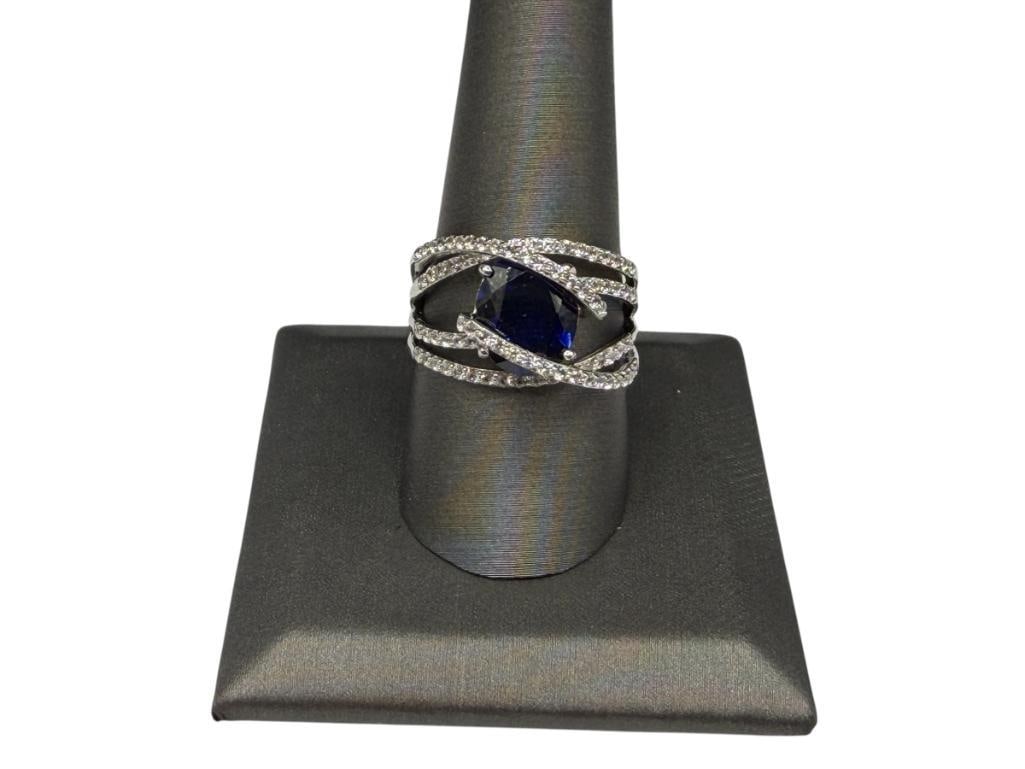 STERLING SILVER OVAL CUT BLUE MOISSANITE AND WHITE SAPPHIRE FASHION RING (1 of 7)