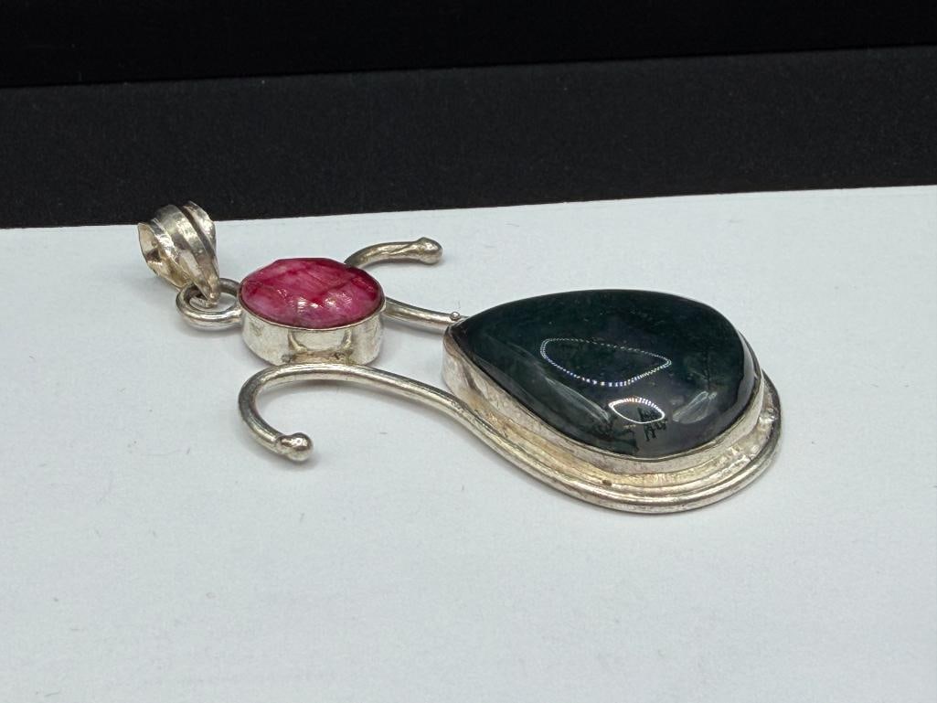 STERLING SILVER PINK QUARTZ OVAL CUT LINK BRACELET AND STERLING SILVER MOSS AGATE PENDANT - 4
