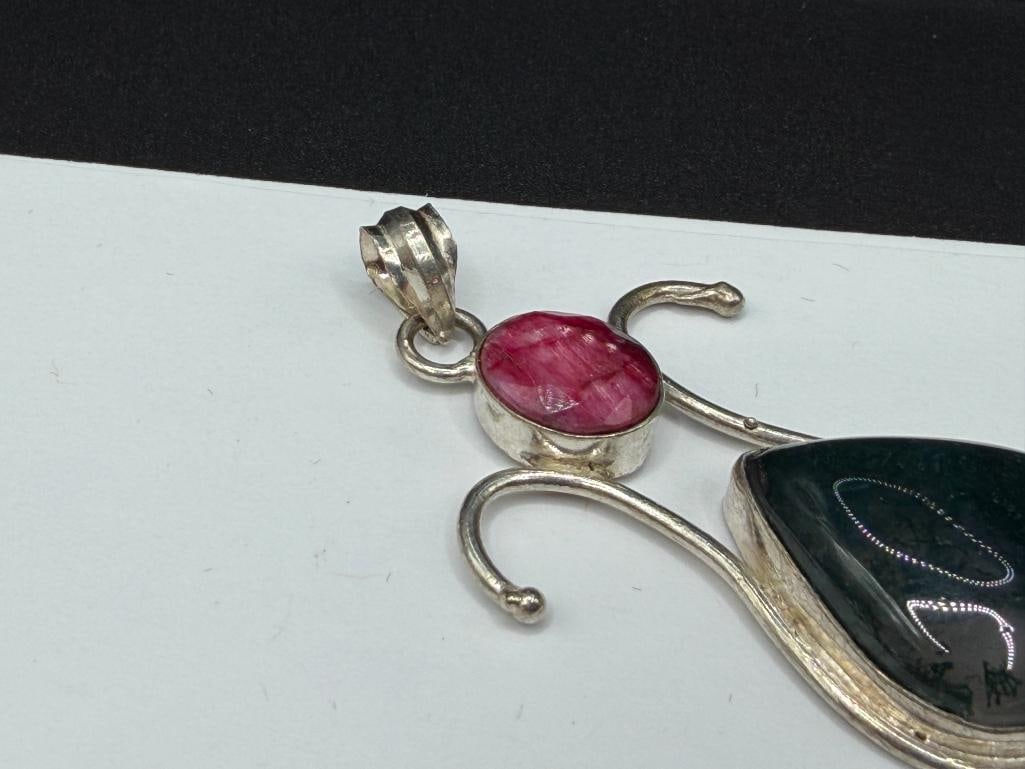 STERLING SILVER PINK QUARTZ OVAL CUT LINK BRACELET AND STERLING SILVER MOSS AGATE PENDANT - 5