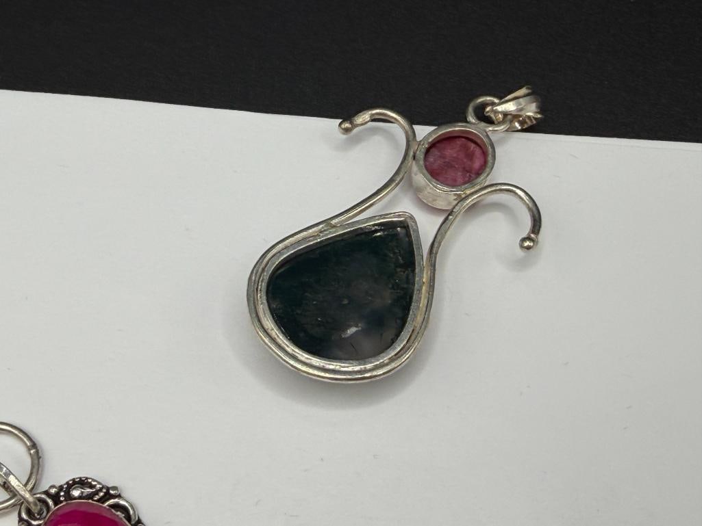 STERLING SILVER PINK QUARTZ OVAL CUT LINK BRACELET AND STERLING SILVER MOSS AGATE PENDANT - 6