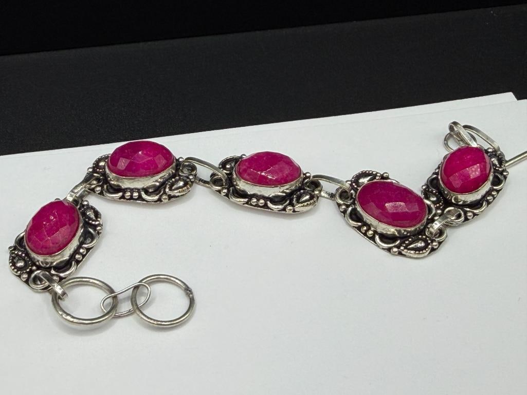 STERLING SILVER PINK QUARTZ OVAL CUT LINK BRACELET AND STERLING SILVER MOSS AGATE PENDANT - 7