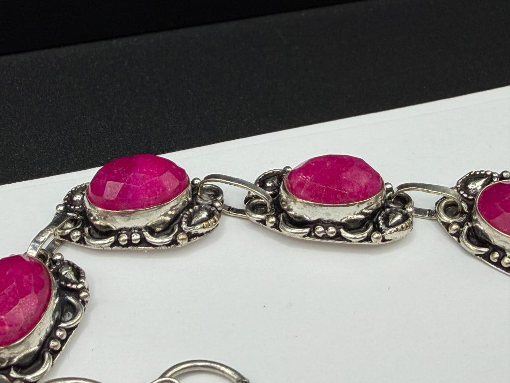 STERLING SILVER PINK QUARTZ OVAL CUT LINK BRACELET AND STERLING SILVER MOSS AGATE PENDANT - 8