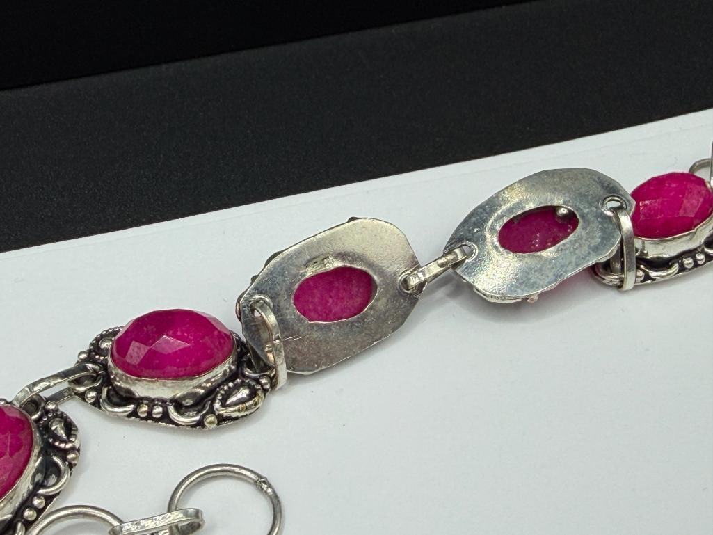 STERLING SILVER PINK QUARTZ OVAL CUT LINK BRACELET AND STERLING SILVER MOSS AGATE PENDANT - 9