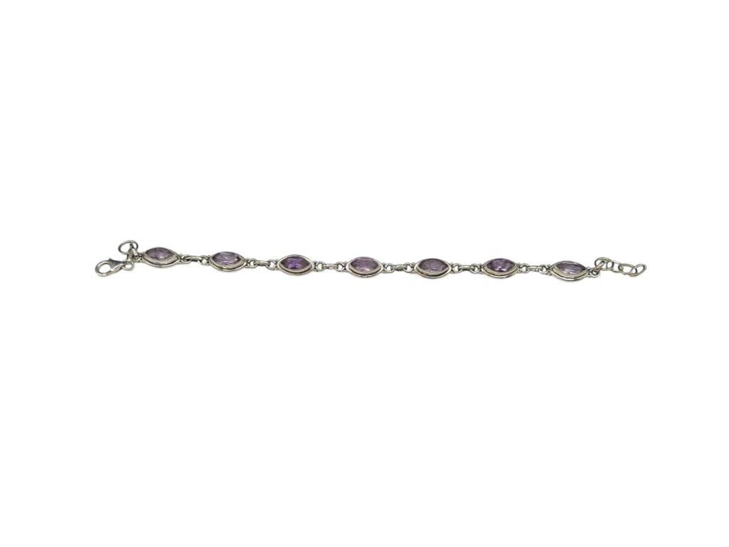 STERLING SILVER MARQUISE CUT AMETHYST LINK BRACELET: 7 3/4" - 8 1/4" X 5/16", 11.59 GRAMS