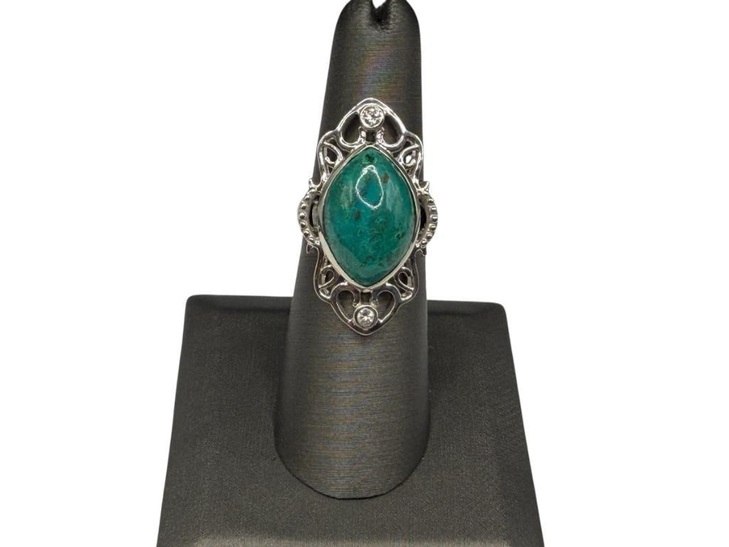 STERLING SILVER CHRYSOCOLLA FILIGREE DESIGN RING: FEATURING MARQUISE CABOCHON CHRYSOCOLLA SIZE 6, 1 1/4", 6.73 GRAMS