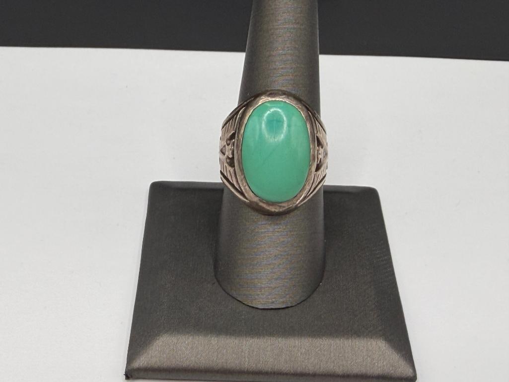 STERLING SILVER GREEN TURQUOISE THUNDERBIRD DESIGN RING - 2