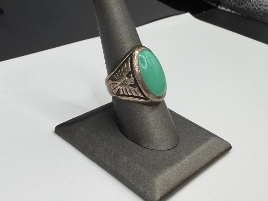 STERLING SILVER GREEN TURQUOISE THUNDERBIRD DESIGN RING - 3