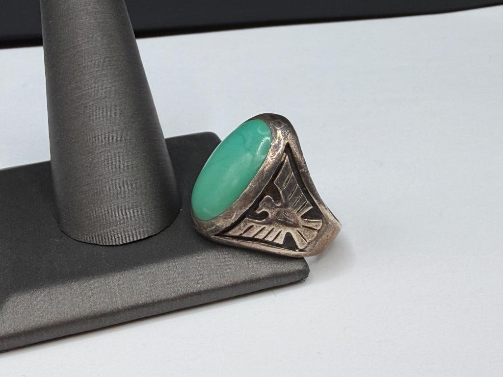 STERLING SILVER GREEN TURQUOISE THUNDERBIRD DESIGN RING - 4