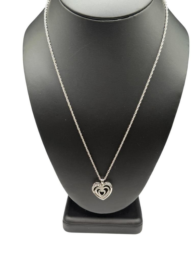 STERLING SILVER WHITE SAPPHIRE HEART PENDANT NECKLACE: FEATURING ROUND CUT WHITE SAPPHIRES IN PENDANT AND OPEN HEART DESIGN, STERLING SILVER CHAIN LINK NECKLACE 20" NECKLACE, 7/8" PENDANT, 5.76 GRAMS TOTAL