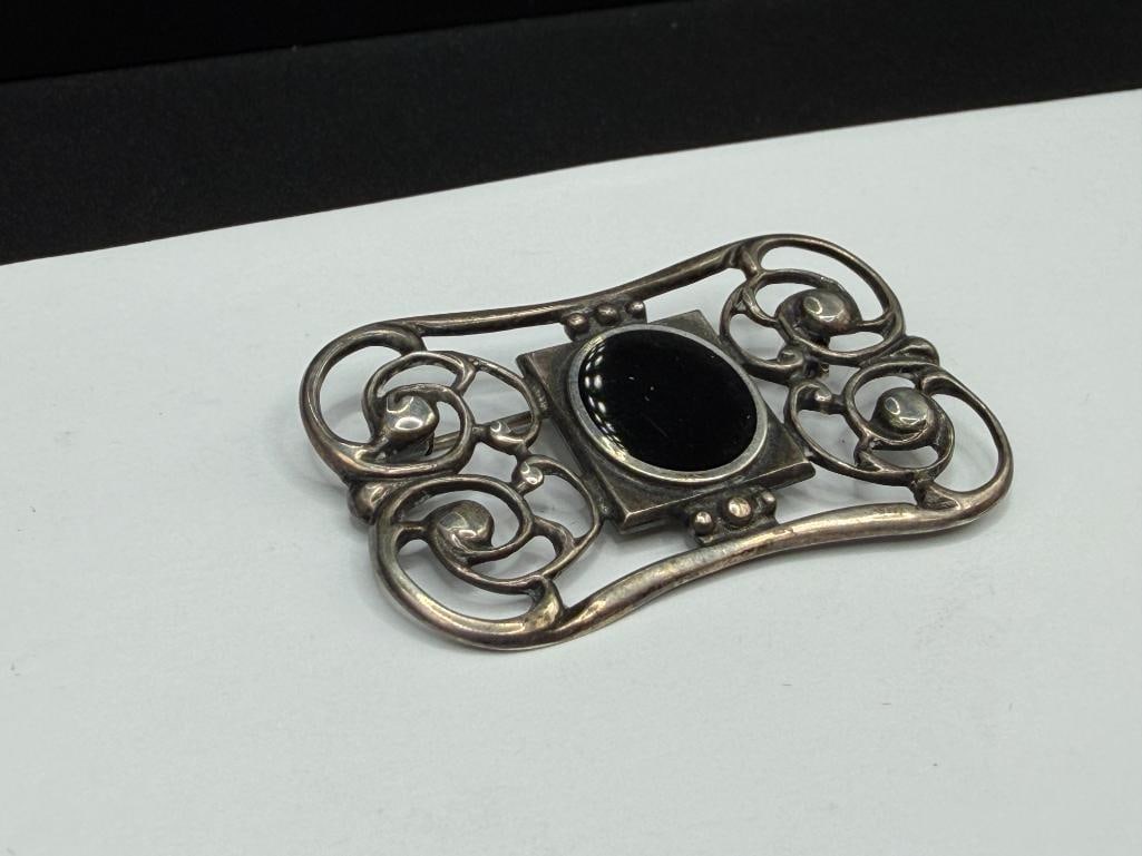 VINTAGE STYLE STERLING SILVER INLAID OVAL BLACK ONYX PENDANT - 3
