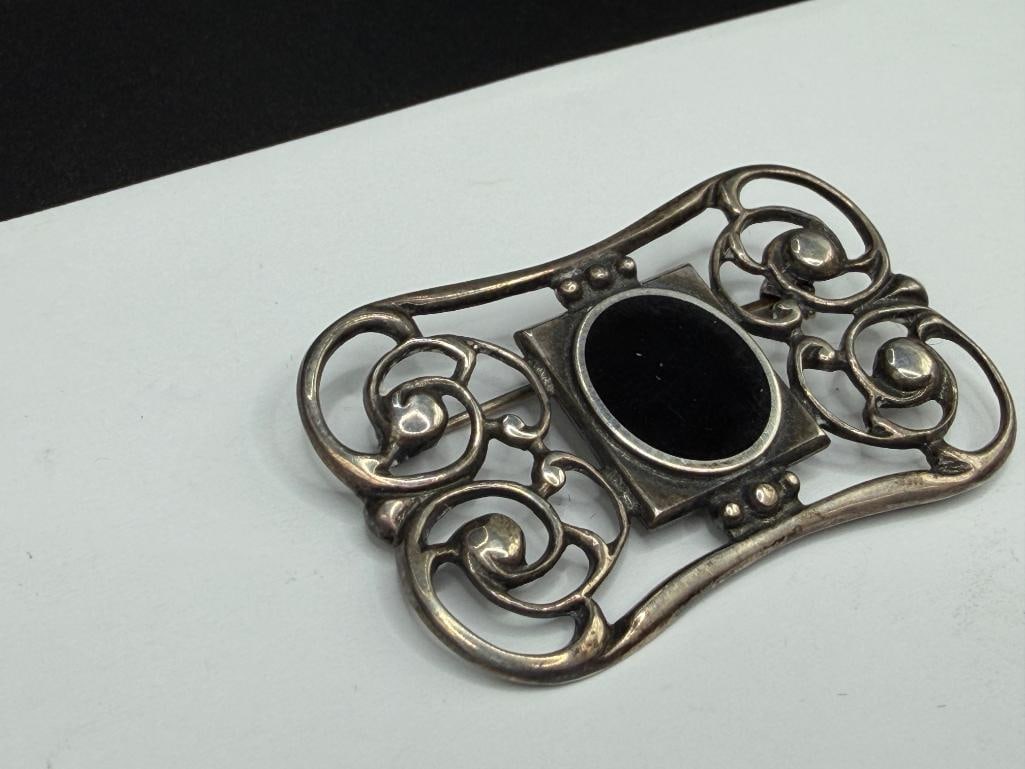 VINTAGE STYLE STERLING SILVER INLAID OVAL BLACK ONYX PENDANT - 4