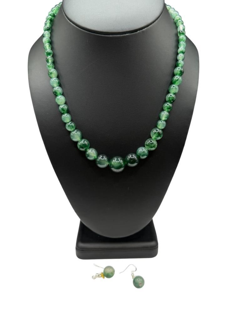 GRADUATED GREEN JADE NECKLACE AND EARRINGS SET: EARRINGS HAVE STERLING SILVER EARRING HOOKS 15" NECKLACE, UP TO 14MM BEADS, 1 3/8" EARRINGS